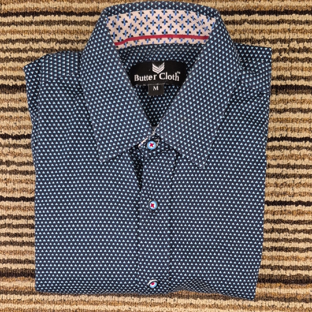 BUTTER CLOTH Blue Black Abstract Pattern Cotton Medium Mens Long Sleeve Shirt‎